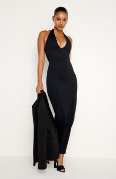 Flirtatious style is easy in this alluring dress that has a plunging halter neckline and generous stretch in the scuba fabric for event-ready comfort. 46" center front length (size Medium) Slips on over head Halter neck Unlined 80% nylon, 20% elastane Dry clean or machine wash, tumble dry Imported Black Owned/Founded Scuba Fabric, Halter Maxi Dress, Halter Strap, Halter Maxi, Halter Maxi Dresses, Designer Clothes For Men, Modern Outfits, Good American, Women's Summer Fashion