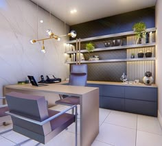 a room with a table, chairs and shelves filled with pots on the wall next to it