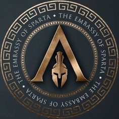 the logo for the academy of sparta is shown in gold on a black background with greek ornames