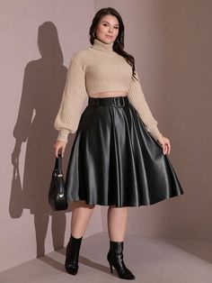 Plus Women's Solid High Waist PU Leather Flare Skirt With Belt Black Casual   PU Leather Plain Flared Non-Stretch  Women Plus Clothing, size features are:Bust: ,Length: ,Sleeve Length: Leather Flare Skirt, Sports Jackets Women, Skirt With Belt, Grey Colour Suit, Fleece Tights, Retro Hairstyles, Collars For Women, Plus Size Skirts, Belt Black