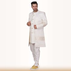 Chiro's By Jigyasa Buy it here ==>> www.chirosbyjigyasa.com/products/open-jacket-sherwani Elevate your ethnic style with our Open Jacket Sherwani for men, a stunning embodiment of elegance and artistry. This exquisite cream-colored sherwani is adorned with intricate gold and sequin embroidery, featuring a captivating blend of floral and geometric patterns. Wearing this masterpiece, you'll radiate sophistication and regal charm at weddings, receptions, and formal events. The open jacket sty... Open Jacket Sherwani, Weddings Receptions, Open Jacket, Sequin Embroidery, Modern Gentleman, Sequins Embroidery