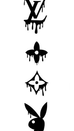 four black and white silhouettes of different types of wings with dripping paint on them