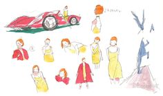 a drawing of people dressed in different outfits and styles standing around a red sports car