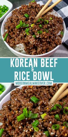 korean beef rice bowl with chopsticks in it and green onions on the side