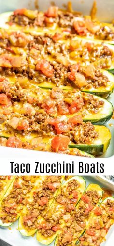 taco zucchini boats in a baking dish with the title text above it