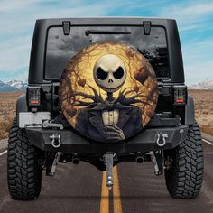 a jeep with an image of jack skelling on it's front tire cover