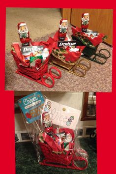 two pictures of santa's sleigh with candy and candies in it