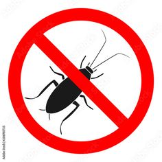 a black and white sign with a bug in it's red circle on a white background