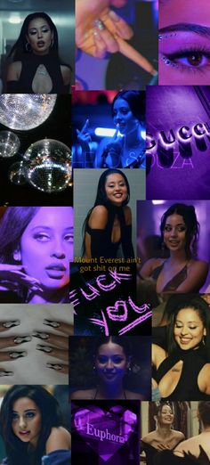 the collage shows many different images of women in black clothing and purple lightings