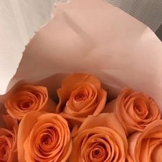 a bunch of orange roses in a white paper bag