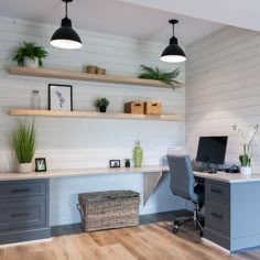 an office with two desks and shelves on the wall, along with a computer