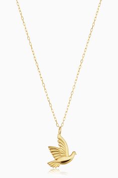 Feel the wind in your hair with our Freedom Dove Pendant Necklace. This special dove charm represents love, peace and freedom, making it the perfect meaningful gift for yourself or someone else. Wear it solo or layer it up; the solid gold will shine through either way! 14k Solid Yellow Gold 18 Inches Length, Adjustable to 17 Inches 1.7 Grams Solid Gold Crafted in Arezzo, Italy Aphrodite Alter, Arezzo Italy, Dove Pendant, Dove Necklace, Bird Necklace, Slumber Party, Slumber Parties, Love Peace, Aphrodite