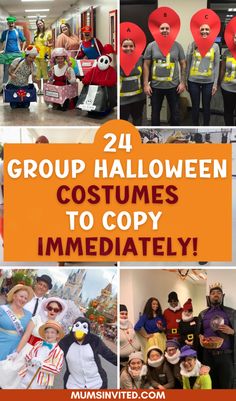 some people are dressed up in costumes for halloween and have their pictures taken together with the caption that reads, group halloween costumes to copy immediately