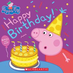 peppa pig is blowing out candles on his birthday cake with the words happy birthday