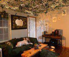 a dog laying on top of a green couch in a living room next to a wooden table