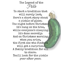 a green pickle sitting on top of a piece of paper with the words, the legend of the pickle