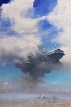 an oil painting of a large ship in the sky