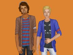 two people standing next to each other in front of an orange background and one person wearing a blue cardigan