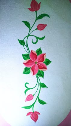 a painted wall with pink flowers and green leaves