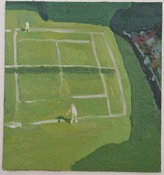 an abstract painting of a tennis court with people on the grass and trees in the background