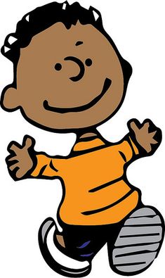 a cartoon boy is running with his hands in the air while wearing an orange shirt and black pants