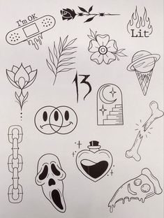 some black and white tattoos on a sheet of paper with the words i'm ok lit