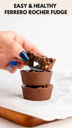 a person is cutting into some food on a wooden tray with the words easy and healthy ferro roche fudge