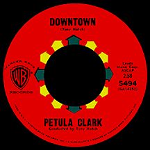 the label for petula clark's album, titled down town with an image of a