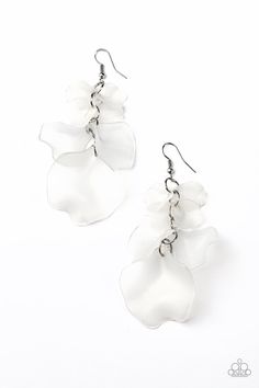 Fragile Florals - White Earrings - Chic Jewelry Boutique Featuring a frosty white hue, glass-like acrylic petals cascade from the ear, coalescing into a whimsical lure. Earring attaches to a standard fishhook fitting. Sold as one pair of earrings. Order Date 5-15-2020 Tory Burch Earrings, Acrylic Flowers, Party Earrings, The Ear, Fish Hook Earrings, Paparazzi Accessories, Chic Jewelry, Paparazzi Jewelry, White Earrings