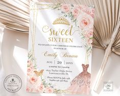 a sweet sixteen birthday party with pink flowers and gold foil on the front, featuring an elegant gown