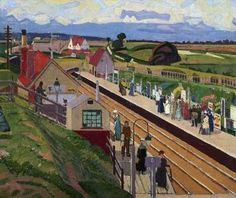 a painting of people walking on the side of a train track next to a station