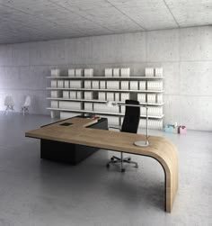 an office with a desk, chair and bookshelf in the middle of it