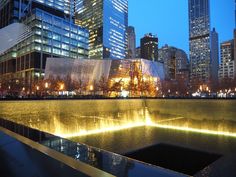 the city skyline is lit up at night with lights reflecting in the water and skyscrapers