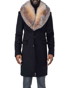 Alistair Black Coat with Crystal Fox Collar – WELTHĒ NYC Russian Coat, Alligator Dress Shoes, Mens Fur Coat, Fox Collar, Mens Joggers Sweatpants, Cream Coat, Black Russian, Mens Fur, Black Wool Coat