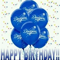 five blue balloons with the words dodgers on them