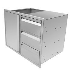 a metal cabinet with two drawers and one door open