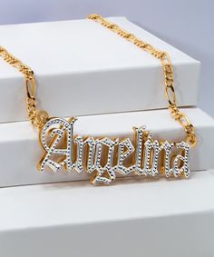 (1) Double Plated Gothic Name Necklace with Figaro Chain – stellaandjules.com Luxury Figaro Chain Necklace With Pendant, Luxury Figaro Chain Pendant Jewelry, Luxury Figaro Chain Pendant Necklace, Gold Engraved Diamond Custom Necklace, Custom Gold Engraved Diamond Necklace, Custom Engraved Diamond Necklace In Gold, Custom Engraved Gold Diamond Necklace, Customized Yellow Gold-plated Jewelry, Diamond Figaro Chain Jewelry As Gift