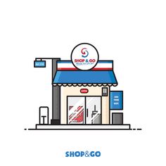 the shop and go logo is shown on top of a storefront with a blue awning