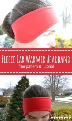 a woman wearing a red headband with text overlay that reads flee ear warmer headband free pattern and video