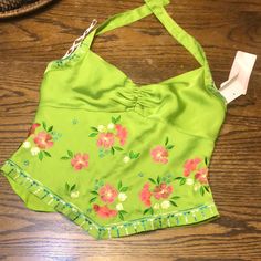 Adorable Martinique Chartreuse Apple Green Halter Top With Embroidered Flowers And Detailed Hemline ( Also Embroidered Design Along Halter Strap. 2 Button Enclosure Green Fitted Top With Floral Embroidery, Fitted Green Tops With Floral Embroidery, Spring Tropical Triangle Halter Top, Green Hibiscus Print Summer Top, Hibiscus Halter Top, Summer Multicolor Halter Top With Tie-side Bottom, Fitted Multicolor Floral Print Halter Top, Light Grunge, Green Halter Top