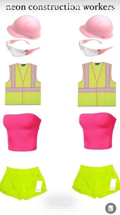 four different types of construction worker's clothes and helmets on display in an advertisement