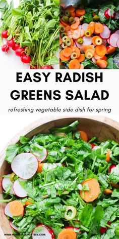 salad with radish, carrots and spinach in a wooden bowl on a white background