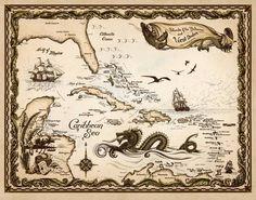 an old map with sea creatures and ships