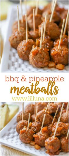 bbq and pineapple meatballs with toothpicks in them on a white plate