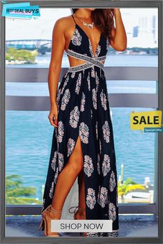 Fashion Bohemian Print Backless V Neck A Line Dresses Chic Split Dress For Beach Season, Bohemian Split Dresses For Beach Season, Bohemian Split Dress For Party, Split Beachwear Dress For Day Out, Bohemian Split Beach Season Dresses, Bohemian Split Party Dress, Floral Print Split Beach Dresses, Sleeveless Boho Print Maxi Dress For Day Out, Black Boho Print Maxi Dress For Vacation