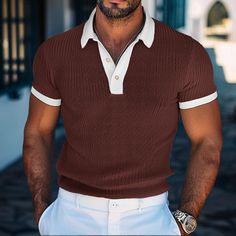 Season:Summer,Spring; Fabric:95% Polyester 5% Spandex; Sleeve Length:Short Sleeve; Gender:Men's; Style:Fashion; Elasticity:Micro-elastic; Tops Type:Golf Shirt,Knit Polo; Occasion:Casual,Business; Details:Only tops; Fit Type:Regular Fit; Pattern:Solid Color; Design:Knitted,Button; Neckline:Classic; Listing Date:04/15/2024; Bust:null; Length:null; Shoulder Width:null; Sleeve:null; Quantity:1pc Summer Ribbed Polo Collar Top, Fitted V-neck Polo Shirt For Summer, Fitted Brown Polo Top, Fitted Ribbed Short Sleeve Polo Shirt, Fitted Casual Polo Shirt With Buttons, Polo Classic, Knit Polo, Spring Fabric, Sleeve Fashion