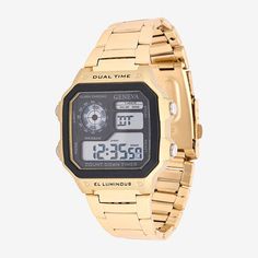 Number of Batteries: 1Included: 1 Watch(es)Features: DigitalBattery Type: Lithium IonJewelry Closure: BucklePower Source: Battery (included)Band Color: Gold ToneDial Color: BlackCase Thickness: 13.7mmCase Width: 42mmWatch Band Length: 8 InchBand Content: Metal AlloyCase Materials: 100% Metal AlloyBattery Size: Sr626swBand Width: 24mmCare: Wipe CleanCountry of Origin: Imported Geneva, Jewellery And Watches, Bracelet Watch, Mens Jewelry, Gold Tones, Band, Gold