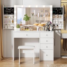 a white vanity with lights on it in a room