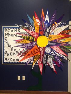 a bulletin board decorated with colorful ribbons and stickers in the shape of a sunburst