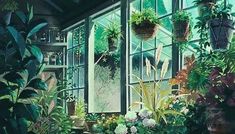 a painting of a greenhouse filled with plants and potted plants in front of a window